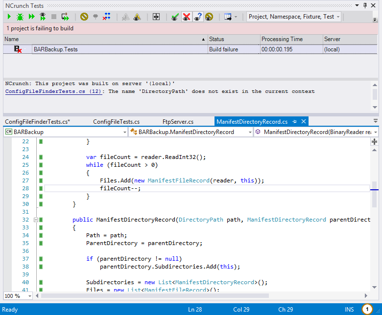 Screenshot of Visual Studio with NCrunch running showing passing test indicators